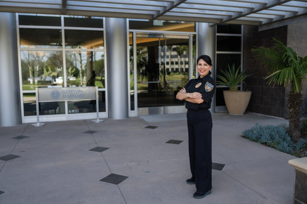 Security officer managing visitor access checkpoint at hospital