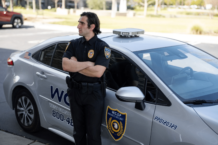 An image of a security guard standing against a car