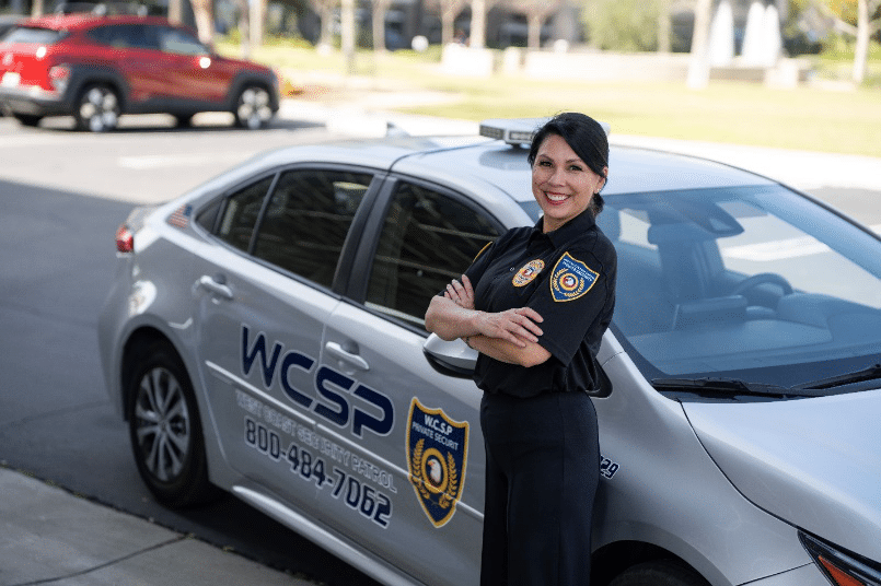 An image of a security guard standing against a car