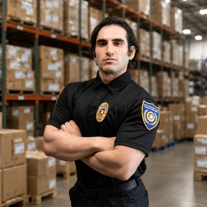 An image of a security guard in a warehouse
