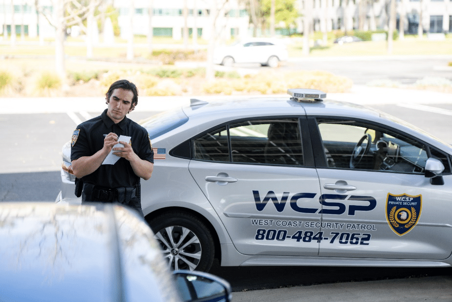 An image of a security guard standing next to a car
