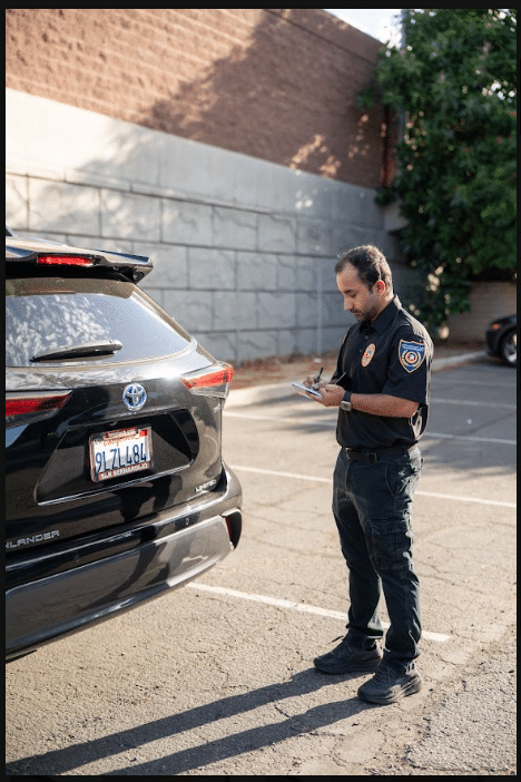Guard inspecting property exterior
