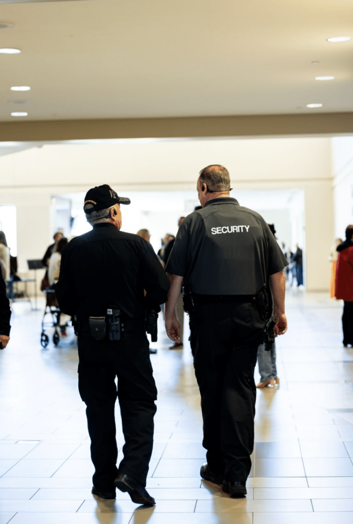 This photo shows security guards patrolling inside an indoor mall area.