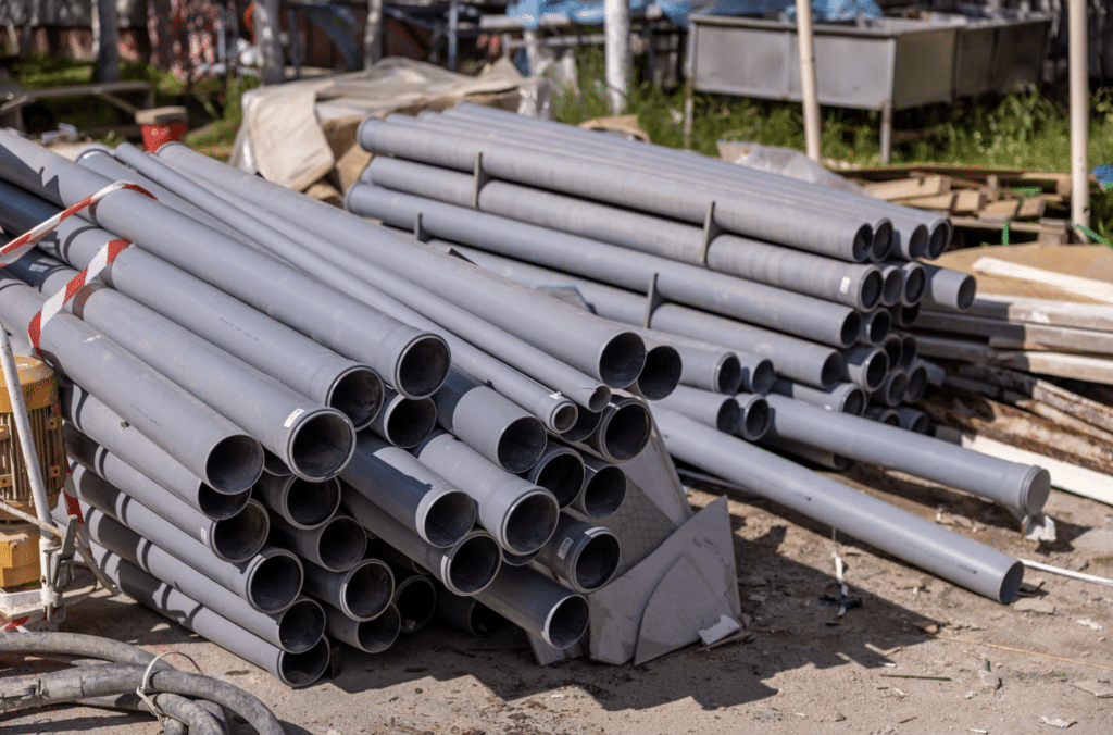 This photo shows stacks of pipes at an outdoor construction site.