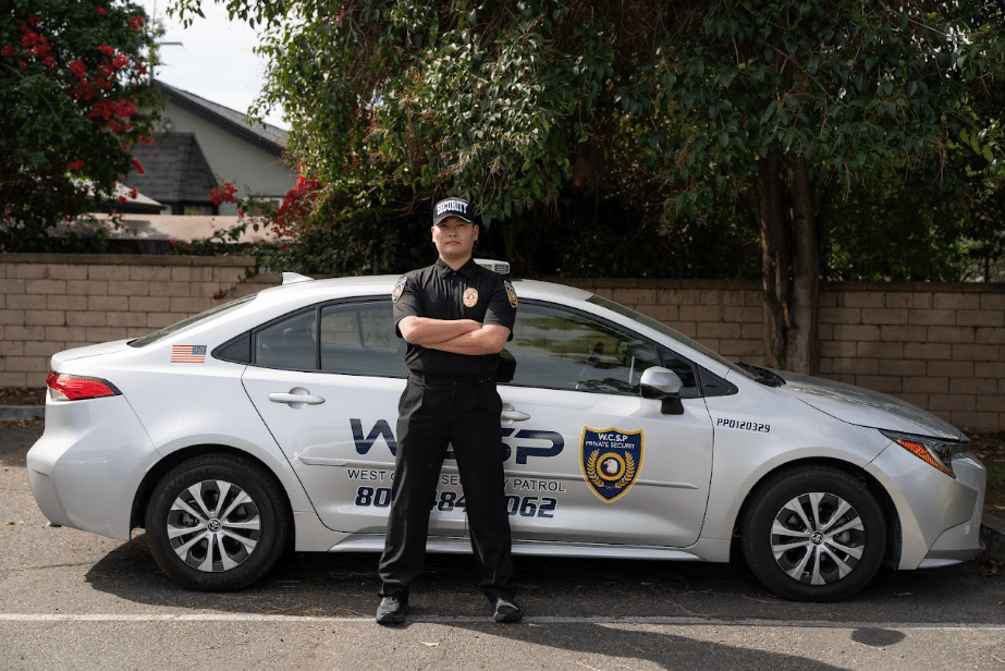 Guard standing near a parked vehicle