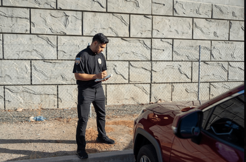 Guard patrolling near an industrial building exterior